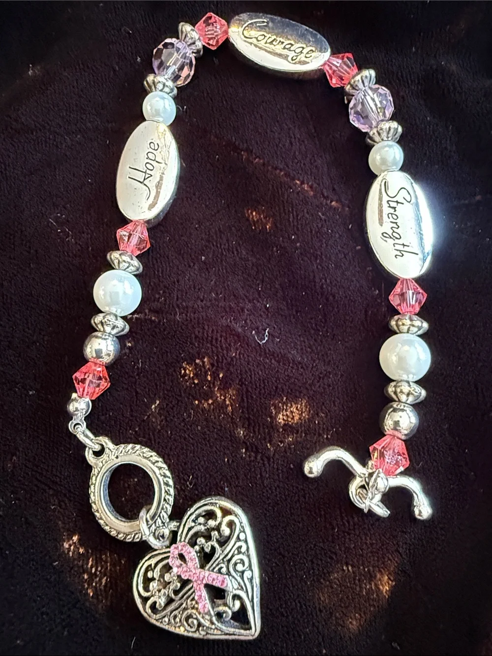 Pink Crystal bead breast cancer awareness, & Pearl Inspirational Charm Bracelet